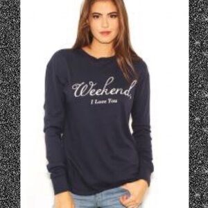 Wildfox hooded Navy Blue Weekend I Love You Hoodie Long Sleeves Tshirt NWT